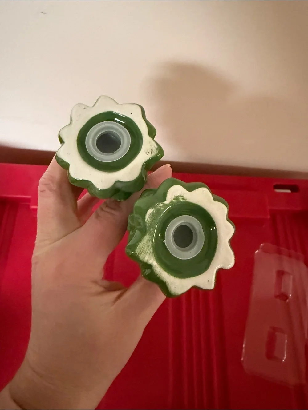 New Green Ceramic Christmas Tree Salt and Pepper Shakers with Red Tops